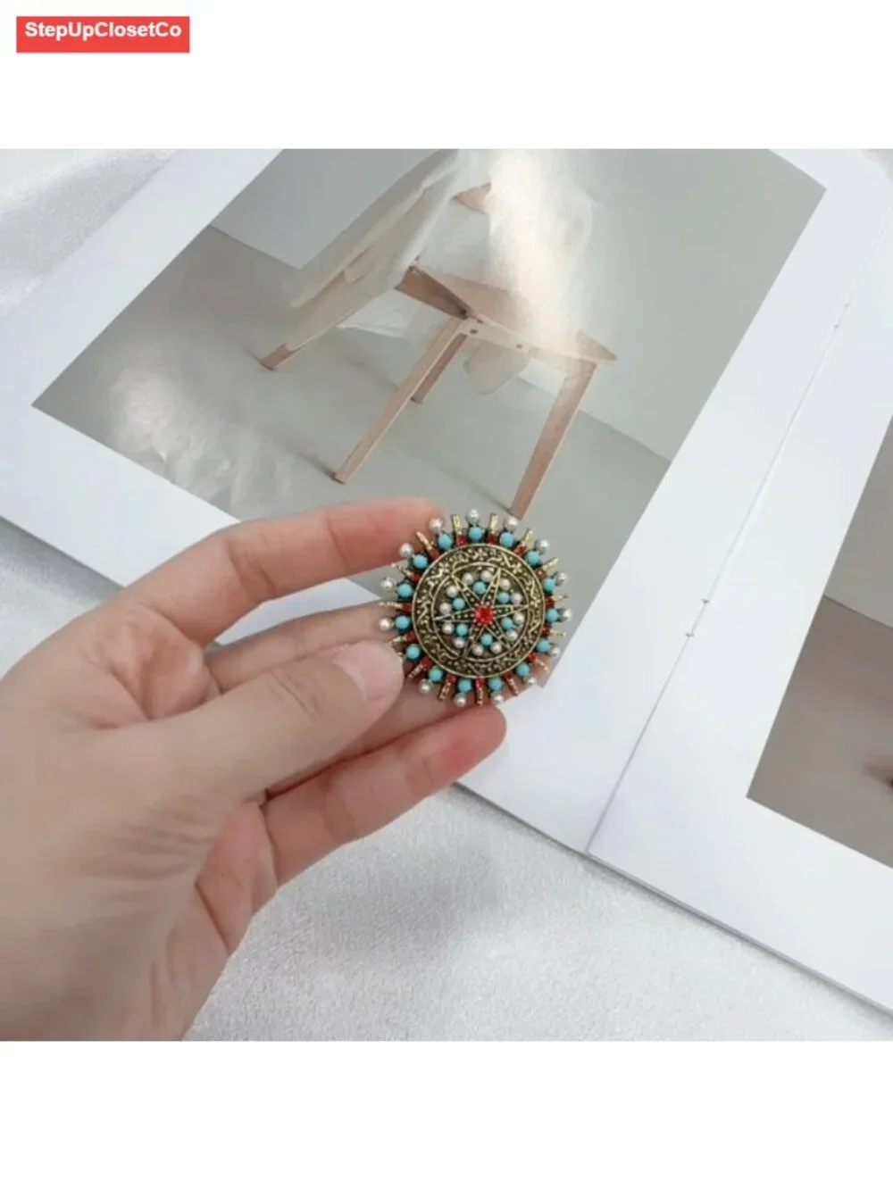 Vintage CZ Crystal Star Disc Brooch Pin Alloy Turquoise Pearl Sweater Scarf